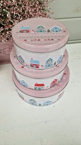 Arinosa Keksdosen Plätzchendosen rund Metall 3er Set Häuschen Rosa Winter
