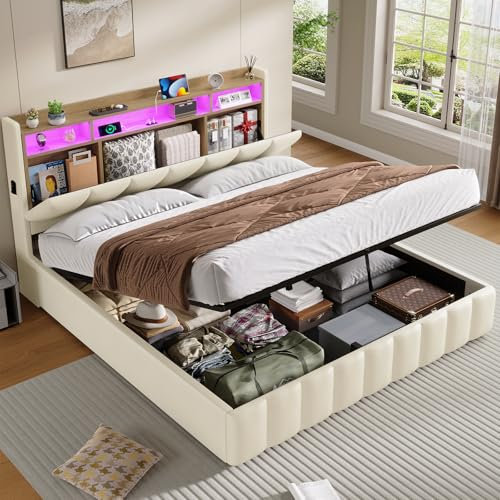 KIMENICH Bett mit LED Beleuchtung, Hydraulisches Bett 160 x 200 cm, Polsterbett, Regalkopfteil mit Stauraum, Bettgestell mit Lattenrost, bequem, für Schlafzimmer, Gästezimmer, PU Weiß