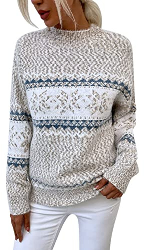 Norweger Pullover Damen Herbst Winter Strickpullover Langarm Winterpullover Warm Norwegermuster Sweatshirt Rundhals Sweater Jumpers Island Strickpulli Frauen Festliche Oberteile Pulli Damenpullover