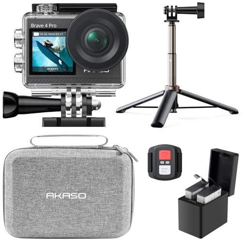 AKASO Brave 4 Pro Action Camera with Selfie Stick Tripod and Carrying Bag Bundle - 4K30 20MP Ultra Hd EIS 131ft Underwater Camera 5xZoom Touch Screen WiFi Remote Control with Helmet Accessories Kit