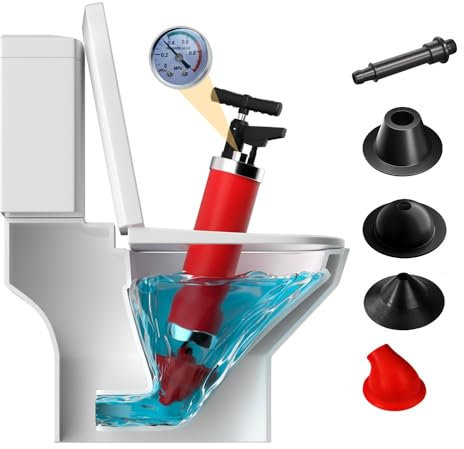 Qcesorib Stantuffo per WC ad Aria Compressa con 4 Ventose, Sturalavandini a Pressione con Barometro, Pompa Stura Scarichi a Pressione, per WC, lavandino, Vasca da Bagno