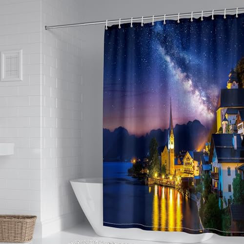 Epinki Duschvorhang Eckdusche Städtische Architektur Sternenhimmel, Polyester Badewanne Vorhang Dunkel Blau, Dusch Vorhang mit Duschvorhangringen, 300x200cm
