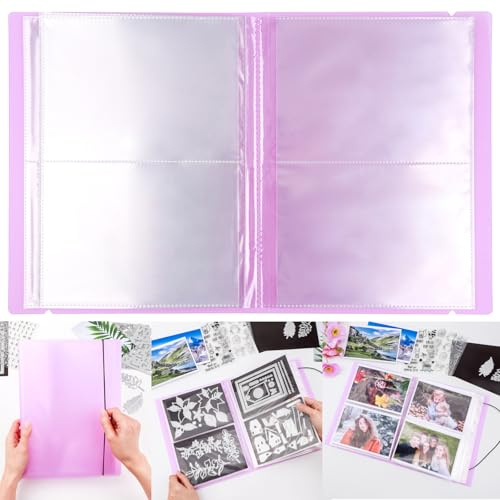 20 Pages / 80 Pockets Stamps and Dies Storage Album Book Organizer Folder Plastic Large Sticker Photo Storage Bags for Cutting Dies Stencil Stamp Crafts DIY Scrapbooking 7x5.1inch/Pocket (Purple)