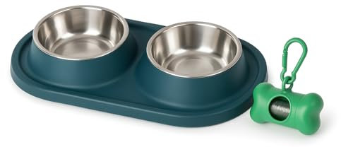 Comedero y Bebedero Doble para Perros y Gatos de Acero Inoxidable Inclinable con Base Antideslizante + Dispensador de Bolsas Verde | 2×400 ml | Cuencos Elevados Higiénicos y Resistentes para Mascotas