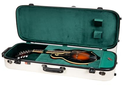 Crossrock Fiberglass Rectangular Mandolin Case for F-Style (Fits Gibson F5, L/R Hand) | Milky White Gloss, Forest Green Velvet, TSA Lock, Hygrometer, Backpack Straps – Pro Travel Series