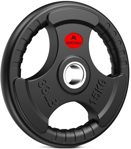 Amonax Olympische Hantelscheiben, 2,5 kg bis 30 kg, Gusseisen, Tri-Grip-Langhantelscheiben-Set mit Gummibeschichtung für Olympische Hantelstangen, 5,1 cm Hantelscheiben für Kreuzheben (15 kg x 1