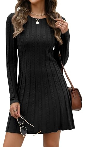 Hotouch Robe en tricot femme élégante, pullover en tricot, robe à manches longues, pullover, col rond, robe d'hiver, sweat-shirt, robe A-ligne, robe mi-longue de cocktail, Noir , M