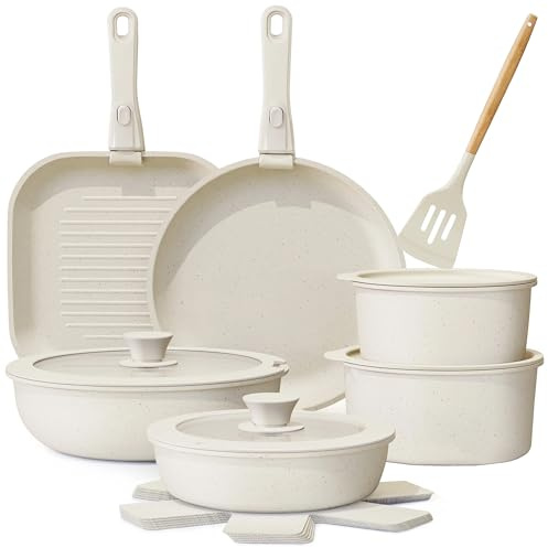 ATEK Pots and Pans Set, 17 Piece Kitchen Cookware Set Non Stick with Detachable Handle, Cooking Pan Set Induction for Gas, Camping, Oven and Dishwasher Safe, PFOA Free (White)