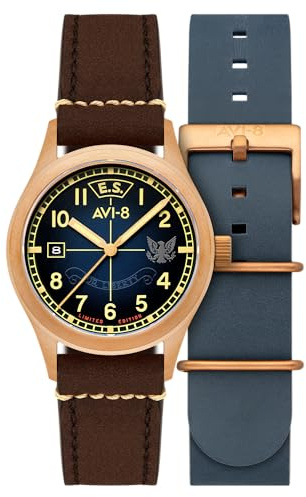 AVI-8 Men's 39mm Flyboy Eagle Squadron Automatic Bronze 85th Limited Edition Southend Watch with Leather Strap AV-4145-02