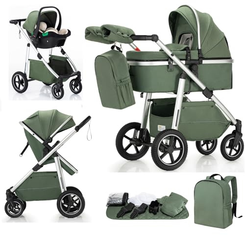 Lnhcrbs Kinderwagen 3 in 1,Kinderwagen mit Feststellbaren Vorderrädern | Kinderwagen & Buggys mit Autositz mit verstellbarem Griff, （Grün）