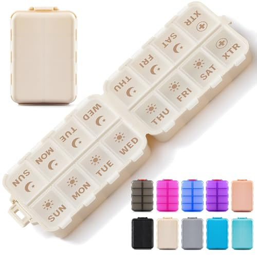 Foldable & Portable Pill Organizer 2 Times A Day with Extra Compartments - Etched Labels - Weekly 7 Day AM PM Medicine Box, Week Daily Travel Pill Case Holder Dispenser for Vitamin, Supplement - Khaki