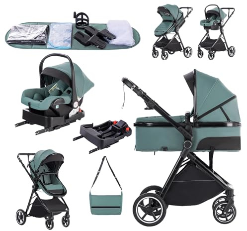 Zkipm kinderwagen 3 in 1, Kinderwagenset mit Isofix Basis & Sitz, Babybett ist Zusammenklappbar, Zwei-Wege-Schub Babywagen, Liegeposition verstellbar, Große ausziehbare Verdeck, bis 15 kg,0-3 Jahre