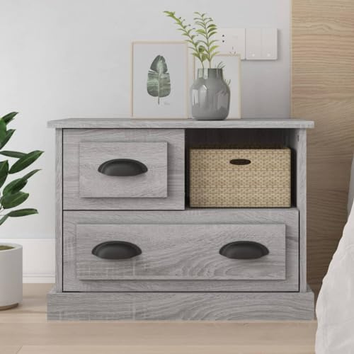 ULUYYUC Table de Chevet Sonoma Gris 60x39x45 cm en Bois d'ingénierie, Console avec 2 tiroirs et Compartiment Ouvert, Meuble de Rangement pour Chambre, Salon et Bureau