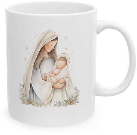 IVISION LEARNING LTD Blessed Mother Mary Motherhood Nativity Xmas Coffee Drinking Cup, White Ceramic Mugs, 11oz 15oz