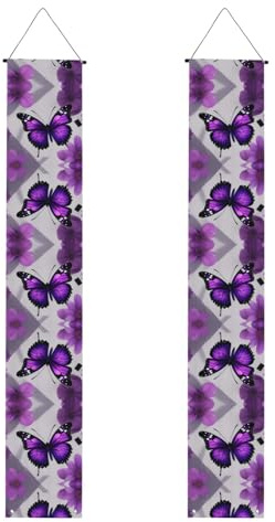 Violetter Schmetterling und Blume, 1 Druck, Herbst-Veranda-Banner, Polyester-Banner, für drinnen und draußen, einfach aufzuhängen, wiederverwendbar