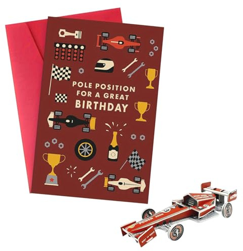 ARYIMYDP Rennwagen Geburtstagskarte mit 3D Puzzle, Coole Pop-Up Karte für Männer und Jungs mit Umschlag, Rotes Auto als Besonderes Extra, Lustiges und Einzigartiges Geschenk für Rennsport-Fans