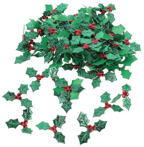 Toyvian 200 Pezzi Decorazioni Natalizie con Foglie di Agrifoglio e Bacche Rosse Resistente Toppe Ricamate Termoadesive per Abbellimenti da Cucire Centrotavola e Ghirlande per Festa e