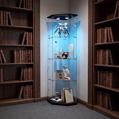 Vetrina angolare in vetro con illuminazione a LED, vetrina in vetro, 1 ante, 4 ripiani, vetrina in vetro, vetrina per libri, ufficio, soggiorno (nero, 1 porta a 4 strati)