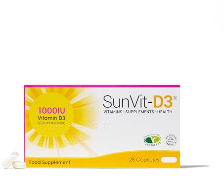 Sunvit-D3 Vitamin D 1000iu - 28 Vitamin D Capsules | Vegan Vitamin D3 Capsules | Halal Vitamin d Supplement | Vitamin D3 Capsules Support The Maintenance of Bone, Teeth & Muscle Function