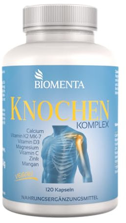 BIOMENTA Knochen Komplex – 120 vegane, hochdosierte Bone Kapseln mit Calcium + Vitamin K2 MK-7, D3, C + Magnesium + Zink + Mangan – Premiumqualität