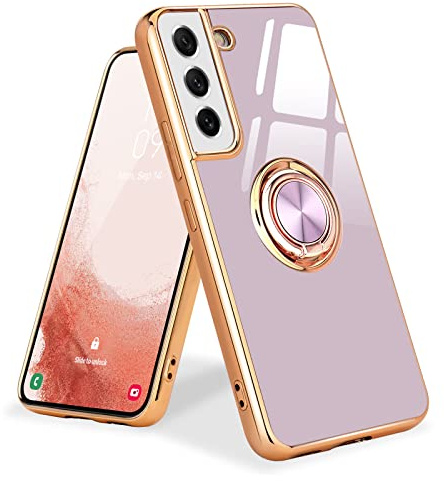 Urarssa för Samsung Galaxy S21 telefonfodral elektropläterad magnetisk ringhållare 360 grader med rotation finger bilhållare stöttåligt fodral för Samsung S21 5G-ljuslila