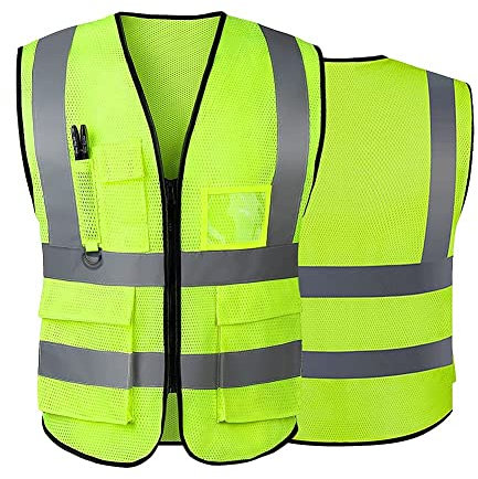 AKEIVN Sicherheitswesten Warnweste Reflektierende Weste mit 5 Taschen, Reißverschluss vorne Arbeitsweste-Unisex