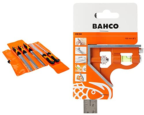 Bahco 1-477-08-2-2 Engineers File Set, 200mm Length, 5 Pieces & CS150 150mm Combination Square, Orange