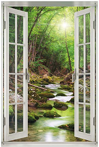 Wallario Outdoor-Poster für Garten oder Balkon Fluss im Wald, Motivbanner Größe: ca. 60 x 90 cm mit Fenster-Illusion