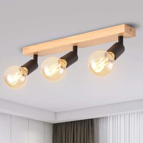 ANWIO Faretti da Soffitto Neri Orientabili,Faretti da Muro,Lampada Soffitto con 3 Lampadine LED Attacco E27,Applique da Parete,Base di Legno, Plafoniera (Lampadine Escluse) EUC-EA190812-27-03RB-1U