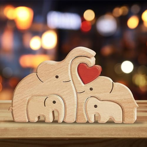 SPERMUOY Familie Personalisiertes Holzkunstpuzzle Elefanten aus Holz, Familie-Thema