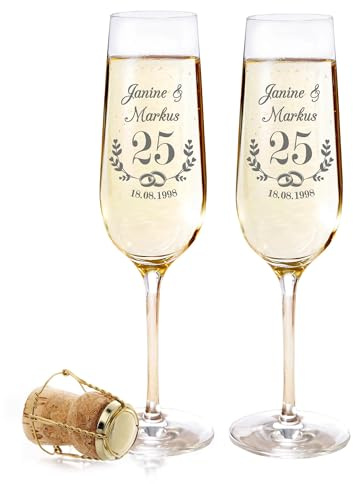 AMAVEL Sektgläser Set zur Silberhochzeit, Silberne Hochzeit Geschenke, Personalisierte Gläser, Sektglas mit Gravur 2er Set, 25 Hochzeitstag Geschenk, Champagner Gläser, Geschenke zur Silberhochzeit