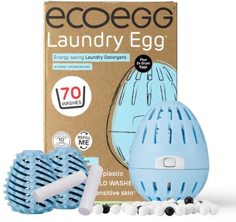 Ecoegg Fresh Linen Refillable Laundry Egg & Dryer Balls Bundle Set | Non Bio, No Enzymes, Phosphates | 70 Washes | Dryer Balls Reduce Drying Time