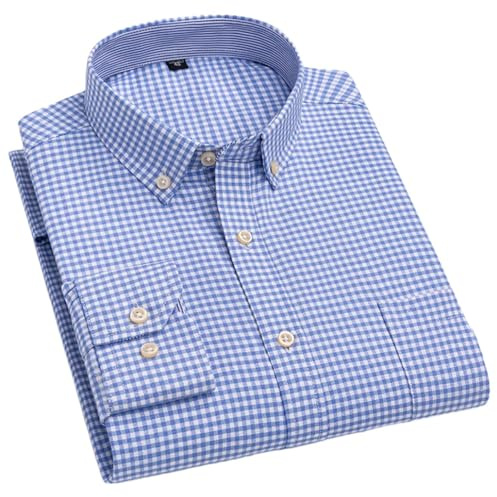 Dninmim Chemise à carreaux rayée en coton Oxford pour homme - Style décontracté - Manches longues - Coupe ajustée - Chemise boutonnée