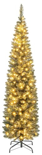 RELAX4LIFE Albero di Natale 150/180/210cm, Albero di Natale Slim con Luci Incorporate, Base in Metallo, Rami Folti, Effetto Realistico, Decorazione Natalizia da Interno (210cm)
