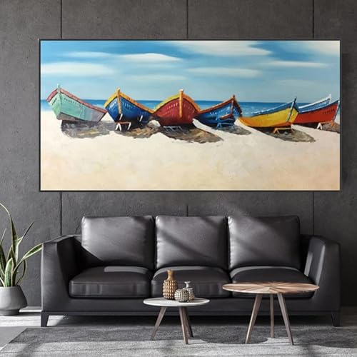 XINBAO Wandkunst, Segelboot, Meereslandschaft, Ölgemälde, handgefertigt, abstrakt, große Leinwand, Wanddekoration, farbenfrohe Kunstwerke, Bilder, Büro, Heimdekoration, 90 x 180 cm, rahmenlos