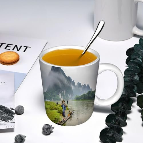 YOIUE Tasse aus Keramik - Große 11oz Tassen 330ml Kaffeetassen mit Henkel, 100% Handbemalt - Trinkgläser mit Griff - Weiß,Lebkuchenmann, Tannenzweige, leckere Kekse und Präsente