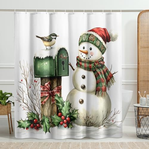 Tenda da doccia con pupazzo di neve, decorazione invernale per il bagno con uccelli e elementi per cassetta postale, tenda da doccia colorata in tessuto impermeabile con ganci, 152 x 183 cm