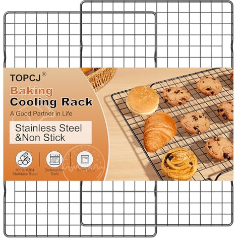 TOPCJ 2PCS Cooling Rack for Baking, 10”X15” Heavy Duty Wire Rack for Grilling,Baking, Roasting,Cooking,Non-Stick,For Jelly Roll Baking Trays,Multi-Purpose Drainer Rack,Stainless Steel,Black