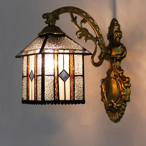 Mengjay Lámpara de pared con pantalla de vitral y marco de metal, aplique vintage para sala de estar, pasillo, escalera, pasillo.