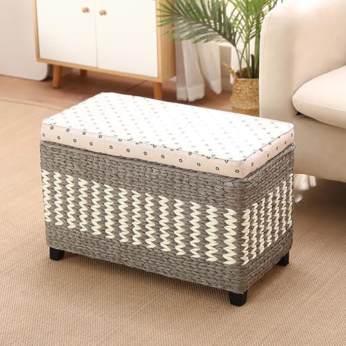 Rattan-Schuhbank mit gepolstertem Sitz und verstecktem Stauraum, Bettbank mit Beinen aus natürlichem Massivholz, für Schlafzimmer, Eingangsbereich, Wohnzimmer, Grau, 60 x 30 x 40 cm