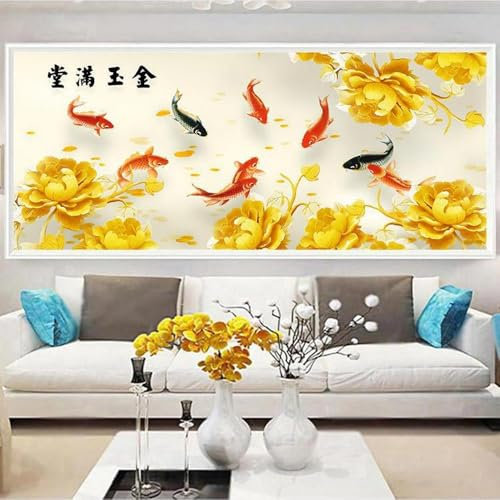 Diamond painting Punto Croce adulti e Bambini per Decorazione Arte Ricamo Strass 5D Fai da Te Pittura Diamante Kit Completo Pesce rosso con fiore dorato in stile cinese,Diamante quadrato 50x100cm