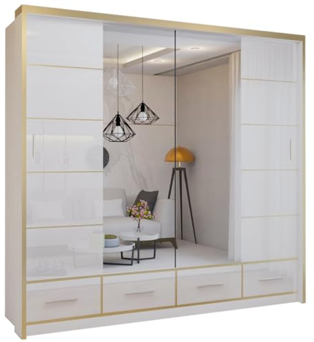 FURNITUREWAVE High Gloss Sliding Mirror Door Wardrobe Armoire Clothes Organizer for Bedroom (White, 203cm)