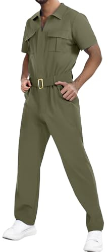 LGHLMCL Mens Fashion Overalls Solid Loose Elastic Waist Work Coveralls Short Sleeve Lapel Jumpsuit Casual Slim Fit Jumpsuit Army Green