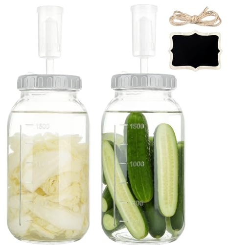 Lot de 2 Pots de Fermentation 2L Barboteur Fermentation avec Couvercles à Visser, Bocaux Mason de Choucroute pour Choucroute, Kimchi, Kéfir de Fruit, Kombucha et Cornichons, Kit de Fermentation