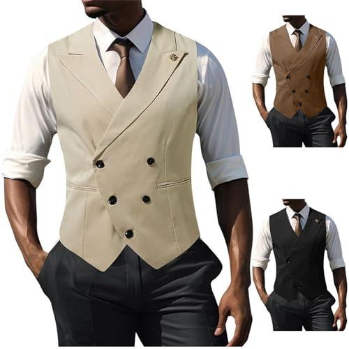 Herrvästar Storbritannien vardaglig – enfärgad dubbelbröst vardaglig mönstrad väst lätt hack krage väst formell smal passform västar ärmlös blazer jackor mode affärer västar, BEIgE, 3XL
