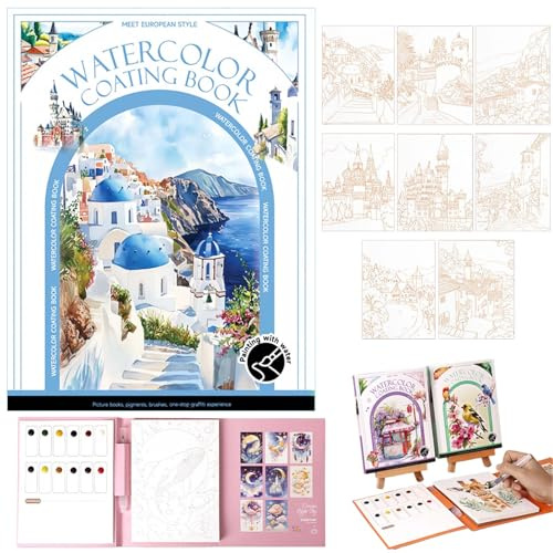 Hedremy Aquarelle Peinture, Livre Aquarelle avec Pinceau et Papier Aquarelle, Cahier Aquarelle, Adapté à la Maison, à l'École, aux Voyages et à la Peinture à l'Aquarelle pour Débutants