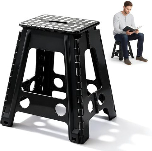 45cm Tritthocker Klappbar Schwarz, Faltbarer Hocker Tritthocker, Klappbarer Klapphocker Faltbar mit 150 Kg Tragkraft, Anti-Rutsch Oberfläche & Tragegriff-Platzsparender, Bad und Wohnzimmer