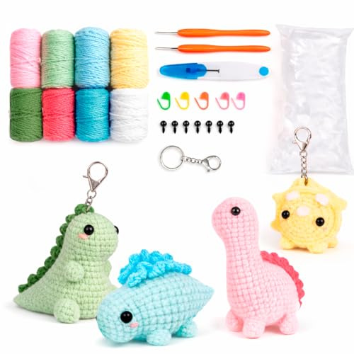Artnova Amigurumi Dinosaurie virksats för nybörjare, komplett set med garn, nålar, fyllning, ögon och 4 nyckelringar – inkl. steg-för-steg-instruktioner (möjligen inte tillgänglig på svenska)