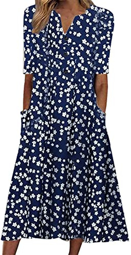 Tiowcsekp milkmaid dress, Summer Dresses for Women 2026 Button Fashion Short Sleeve Midi Vacation Floral with Pockets Ladies Maxi Printing Dress Party Club Elegant Beach Dresse