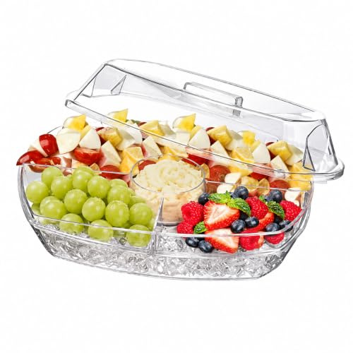 Raoletin Ice Serving Platter 4 Compartments Fruit Platter with Lid, Clear Serving Trays for Parties, Chilled Platter Trays with with Ice Base for Fruit, Veggie, Seafood, Dips and Appetizers